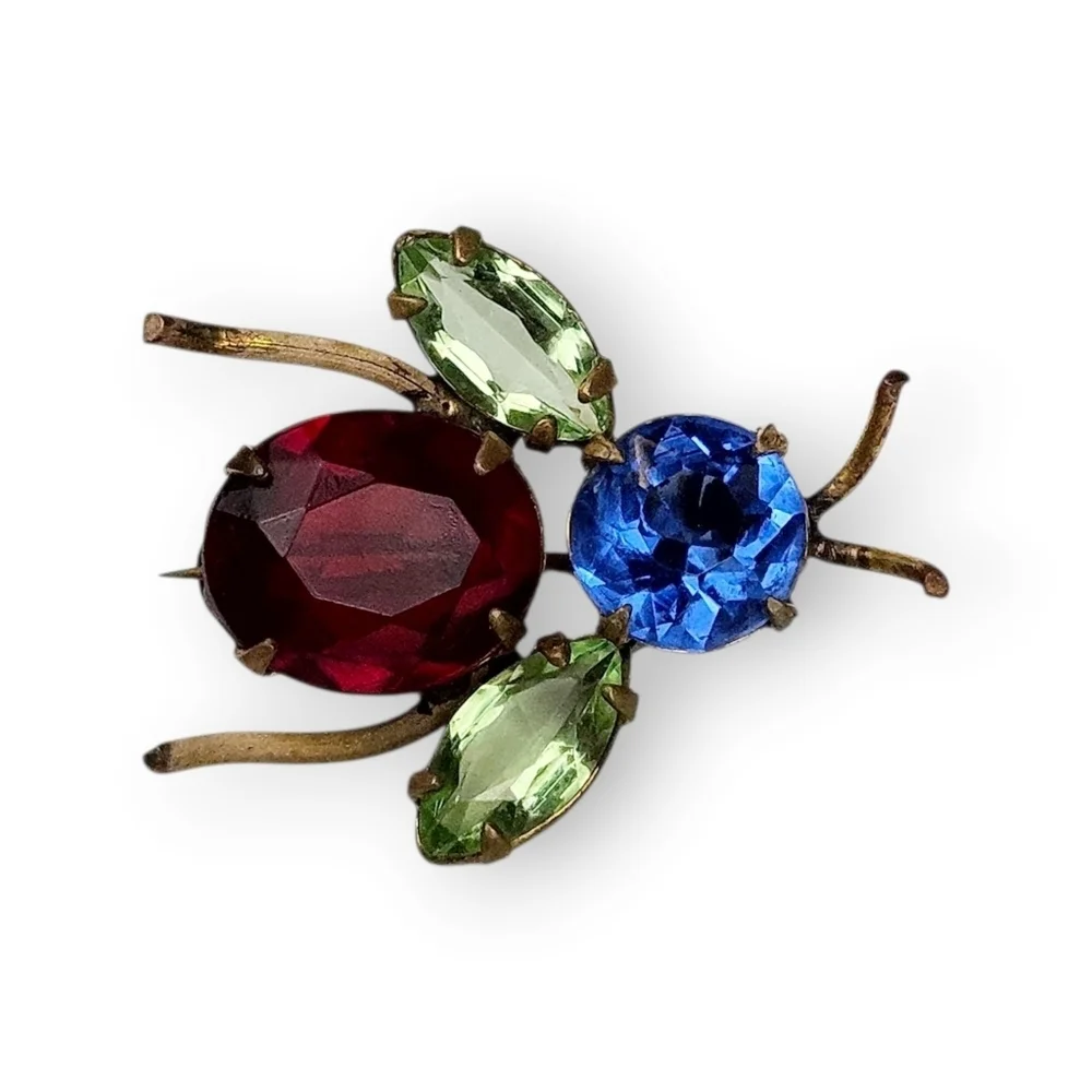 Vintage Bug Brooch Jewel Tone Glass Rhinestone Colorful Bee Fly Insect Brass
